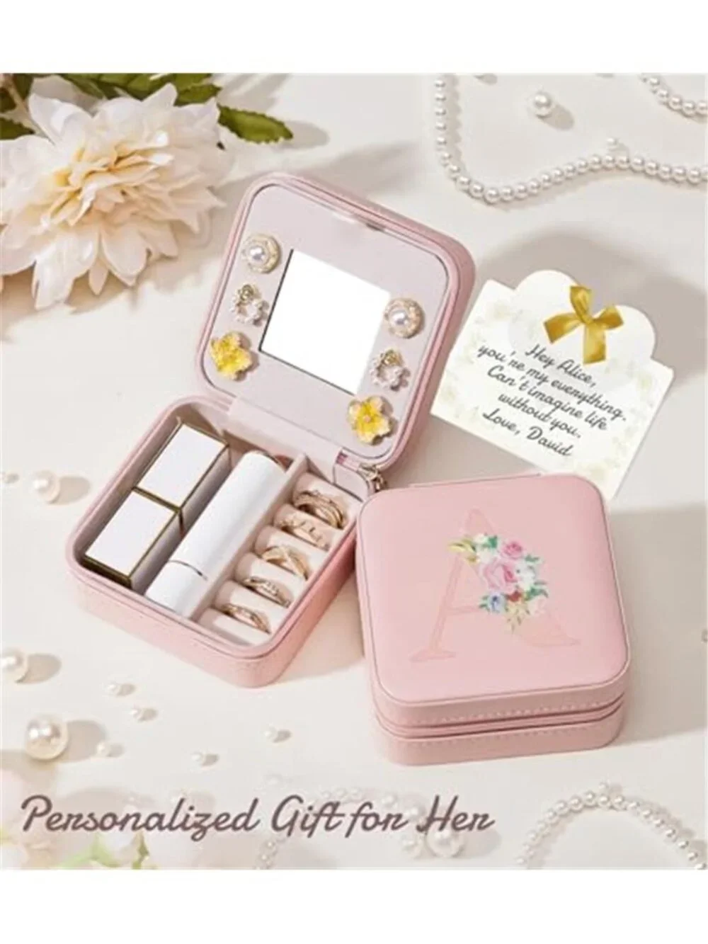 Pink Mini Travel Jewelry Box Organizer Case Necklace Earring Ring Bracelet Gift